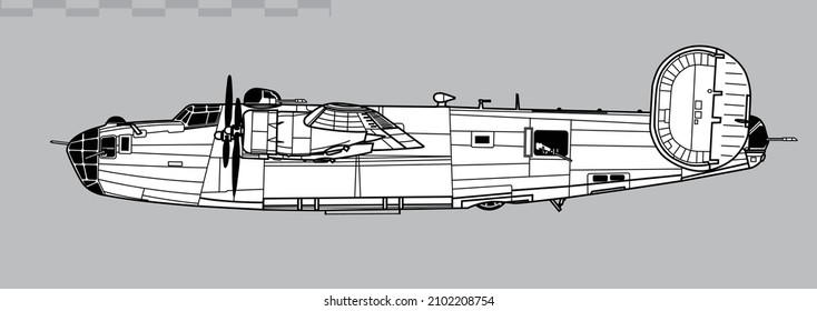 Consolidated B-24D-E Liberator. Liberator B.Mk.III. Vector Drawing Of WW2 Heavy Bomber. Side View. Image For Illustration And Infographics.