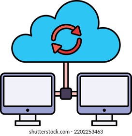 consolidating data across different sources Concept, Two Pc Connected Cloud Devices Vector Icon Design, Cloud Processing Symbol, Computing Services Sign, Web Service and Data Center stock illustration