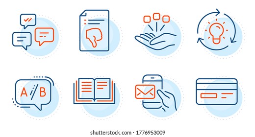 Consolidation, Credit card and Chat messages signs. Messenger mail, Idea and Ab testing line icons set. Thumb down, Education symbols. New e-mail, Lightbulb. Technology set. Outline icons set. Vector