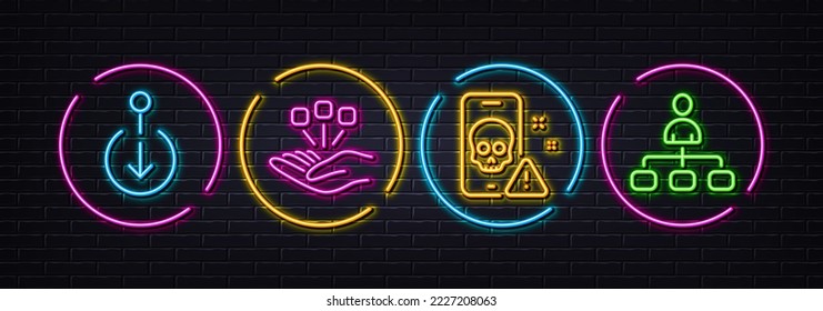 Consolidation, Cyber attack and Scroll down minimal line icons. Neon laser 3d lights. Management icons. For web, application, printing. Strategy, Phone virus, Swipe screen. Agent. Vector