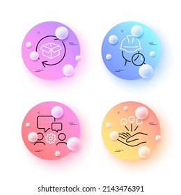 Consolidation, Engineering team and Inspect minimal line icons. 3d spheres or balls buttons. Return parcel icons. For web, application, printing. Strategy, Teamwork, Builder review. Vector