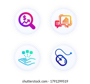 Consolidation, Graph chart and Currency audit icons simple set. Button with halftone dots. Computer mouse sign. Strategy, Growth report, Money chart. Pc device. Science set. Vector
