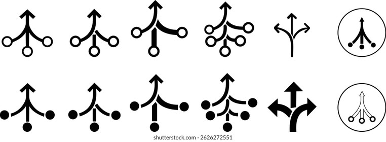 Consolidation icon set in flat style. Merge symbol isolated on transparent background. Vector Simple abstract in black Line for website design, app, Fund divergence merge into one direction symbol.