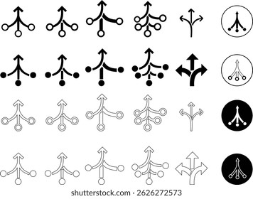 Conjunto de iconos de consolidación en estilo plano. Símbolo de fusión aislado sobre fondo transparente. Vector Simple abstracto en línea negra para el diseño de Sitios web, App, divergencia de fondos se fusionan en un símbolo de dirección.