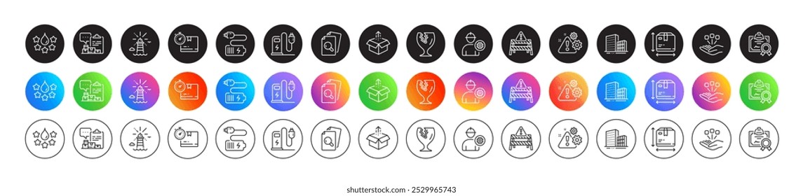 Consolidation, Inspect and Send box line icons. Round icon gradient buttons. Pack of Box size, Warning road, Engineer icon. Lighthouse, Fragile package, Charging station pictogram. Vector