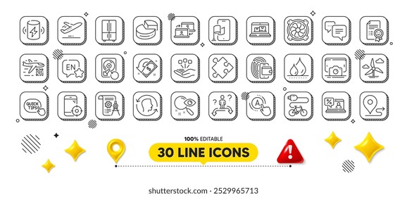 Consolidação, foto do telefone e computador ventilador linha ícones pacote. Elementos de design 3d. Dicas rápidas, Cashback, ícone da Web de inventário da Web. Inglês, Mensagem de pontos, Pictograma de geladeira. Vetor