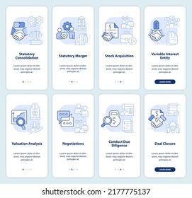 Consolidation strategies light blue onboarding mobile app screen set. Walkthrough 4 steps editable graphic instructions with linear concepts. UI, UX, GUI template. Myriad Pro-Bold, Regular fonts used