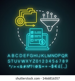 Consolidator neon light concept icon. Billing idea. Billing idea thin line illustration. Combining orders. Debt consolidation. Glowing sign with alphabet and symbols. Vector isolated illustration