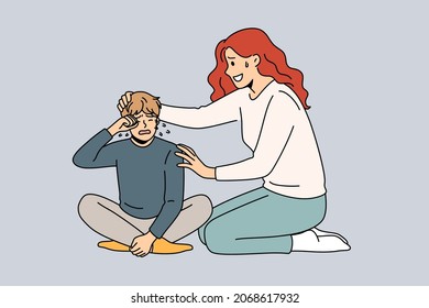 Consoling and communication with children concept. Young loving woman mother sitting and consoling helping to calm down her crying child boy kid vector illustration 