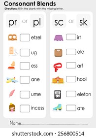 Consonant Blends : fill in the blank with the missing letter - Worksheet for education