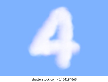 Consonant realistic white cloud vectors on blue sky background, Beautiful air cloud typeface, Typography of the number 4 or four as fluffy white like cotton wool