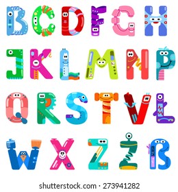 Consonants of the Latin alphabet like different robots / There are consonants of the Latin alphabet with eyes, mouths, and gears. The letters belong to English, Polish and German alphabet
