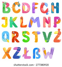 Consonants of the Latin alphabet like different birds / There are vowels of the Latin alphabet with eyes, beaks, and wings. The letters belong to English, Polish and German alphabet

