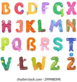 Consonants of the Latin alphabet like sea inhabitants / The letters are in different colors and belong to English, Polish and German alphabet