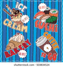 Conspicuous set of four delicious drink and food emblems with lettering in cartoon style. Waffle Cone Ice Cream, Sushi Roll, Croissant, Cardboard Cup of Coffee. Vector illustration