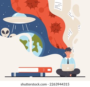 Conspiracy ideas concept. Man sits with laptop in lotus position and thinks about aliens and viruses. Unverified information and fantasy. Secret community information. Cartoon flat vector illustration