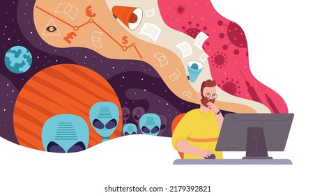 Conspiracy Ideas. Concerned Man At Computer Think Disinformation False Ideas, Vaccine Covid Ufo Alien Secret Community Information War Bargain Contract Splendid Vector Illustration Of Conspiracy Idea