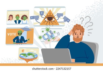 Conspiracy ideas and fake news. Worried person read disinformation and false secret theories cartoon vector Illustration. Male character with laptop under influence, mysterious thoughts