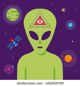 conspiracy of masons and aliens against the background of space. telepathic communication with extraterrestrial intelligence. Flat character vector illustration.