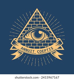 Conspiracy pyramid with all-seeing eye, freemason sign in tarot style, illuminati symbol, vector
