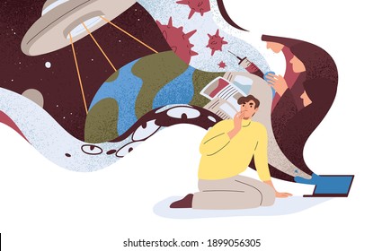 Conspiracy theories concept. Flow of disinformation and false ideas about coronavirus and covert plans of aliens. Concerned man at laptop. Colored flat vector illustration isolated on white background