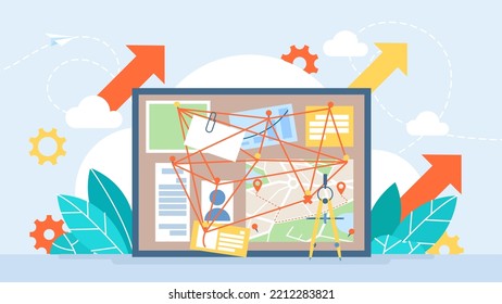 Conspiracy theory. Bamboo board with attached evidence, facts. Investigating the connection between events and people. Truth investigation and evidence research community movement. Vector illustration