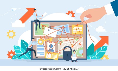 Conspiracy Theory. Bamboo Board With Attached Evidence, Facts. Investigating The Connection Between Events And People. Detectives Are Looking For Facts, Connections. Cause, Effect. Vector Illustration