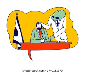 Konzept der Verschwörungstheorie Alien Charakter tragen White Formal Kostüm Control Präsident Mind Hand auf Kopf Kraft, um zu unterzeichnen politischen Dokument. Humanoid Management World. Linear Vector Illustration