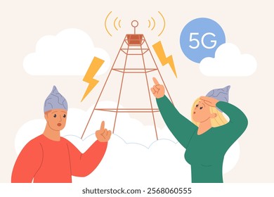 Conspiracy theory, electromagnetic shield, fake news and mind control problem. Tiny people wearing tinfoil hats for protection from 5G radiation of telecom antenna cartoon vector illustration