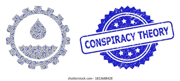 Conspiración Teoría de la composicion de foca gruesa y de la recurrsión vectorial del servicio de agua. El sello azul incluye el título de Teoría de la Conspiración dentro de la roseta.