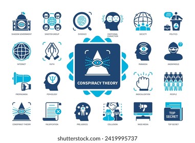 Conspiracy Theory icon set. Shadow Government, Evidence, Propaganda, Prejudices, Paranoia, Falsification, Relatives, Society, Politics. Duotone color solid icons