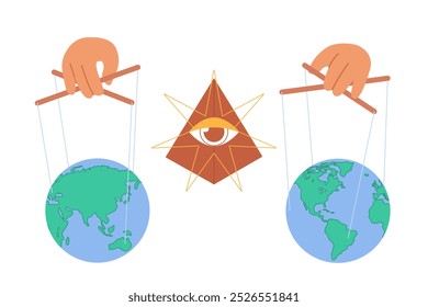 Verschwörungstheorie und paranoide Vorstellung von Weltregierung. Planet Erde hängt auf Marionetten Saiten, böses Auge der Maurer Pyramide und Elite-Gruppe von Business-Herrscher Kontrolle Cartoon Vektorgrafik