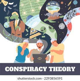 Conspiracy theory poster. People characters spreading fake information vector illustration. False ideas about coronavirus, alien attack, microchipped vaccines, flat earth, reptilians lizard politician