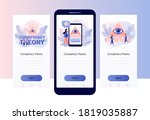 Conspiracy theory. Pyramid with all-seeing eye. Symbol of world government. Screen template for mobile smart phone. Modern flat cartoon style. Vector illustration on white background