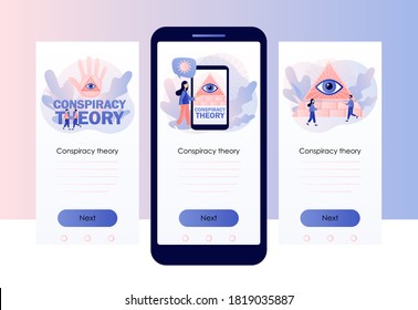 Conspiracy theory. Pyramid with all-seeing eye. Symbol of world government. Screen template for mobile smart phone. Modern flat cartoon style. Vector illustration on white background