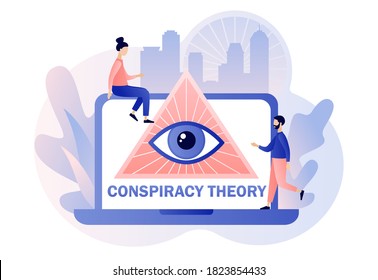 Conspiracy theory. Pyramid with all-seeing eye on laptop screen and tiny people. Symbol of world government. Modern flat cartoon style. Vector illustration on white background
