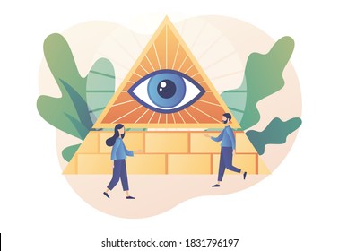 Conspiracy theory. Pyramid with all-seeing eye. Symbol of world government. Modern flat cartoon style. Vector illustration on white background