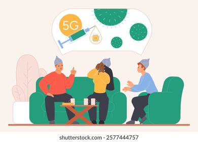 Conspiracy theory, spreading false information, brainwashing. Tiny people group wearing tinfoil hats, sitting on sofa to discuss microchips in vaccine and dangers of 5G cartoon vector illustration