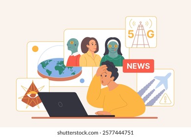 Conspiracy theory spreading online, paranoia. Tiny man with panic sitting at computer to read false facts about flat Earth and 5G danger, reptilians in crowd of people cartoon vector illustration