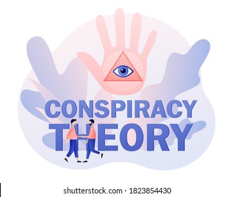 Teoría de la conspiración - texto. Pirámide con todo el ojo puesto en la mano grande y gente pequeña. Símbolo del gobierno mundial. Estilo moderno de dibujos animados planos. Ilustración del vector sobre fondo blanco