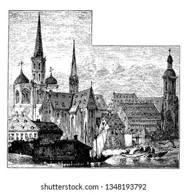 Constance Cathedral served as the central church of the diocese of Konstanz until 1821, vintage line drawing or engraving illustration.