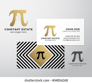 Constant Estate Abstract Vector Premium Business Card Template. Pi Sign with Negative Space Buildings as a Logo. Geometry Background and Gold Foil. Realistic Shadows Mock Up. Isolated.
