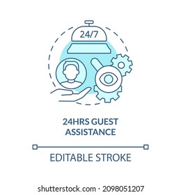 Das türkisfarbene Konzeptsymbol der konstanten Gastbetreuung. Hotels Property Management abstrakte Idee dünne Linie Illustration. Einzeln Umrisszeichnung. Bearbeitbarer Strich. Verwendung von Roboter-Medium, Myriad Pro-Fett-Schriftarten