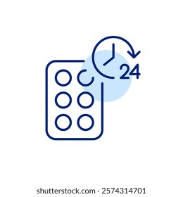 Constant pain relief, extended release medication. 24 hours pharmacy access. Blister of pills. Pixel perfect, editable stroke icon