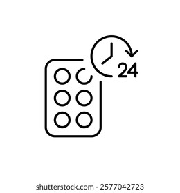 Constant pain relief, extended release medication. 24 hours pharmacy access. Blister of pills. Pixel perfect vector icon