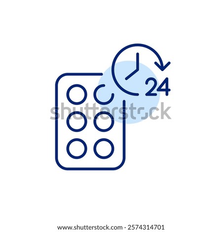 Constant pain relief, extended release medication. 24 hours pharmacy access. Blister of pills. Pixel perfect, editable stroke icon
