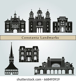 Constanta landmarks and monuments isolated on blue background in editable vector file