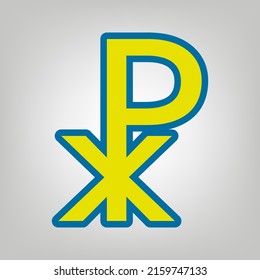 Signo cruzado de Constantina. Icono en colores de la bandera de Ucrania (amarillo, azul) en fondo gris. Ilustración.