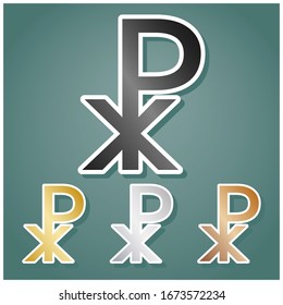 Constantine cross sign. Set of metallic Icons with gray, gold, silver and bronze gradient with white contour and shadow at viridan background. Illustration.