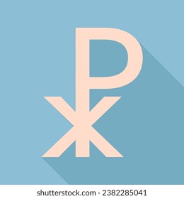 Constantine cross sign. Unbleached silk Icon with very long shadow at dark sky blue background. Illustration.